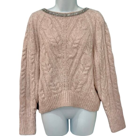 Express Baby Pink Chunky Knit Jeweled Collar Crew Neck Sweater size XS Glam - Picture 1 of 8